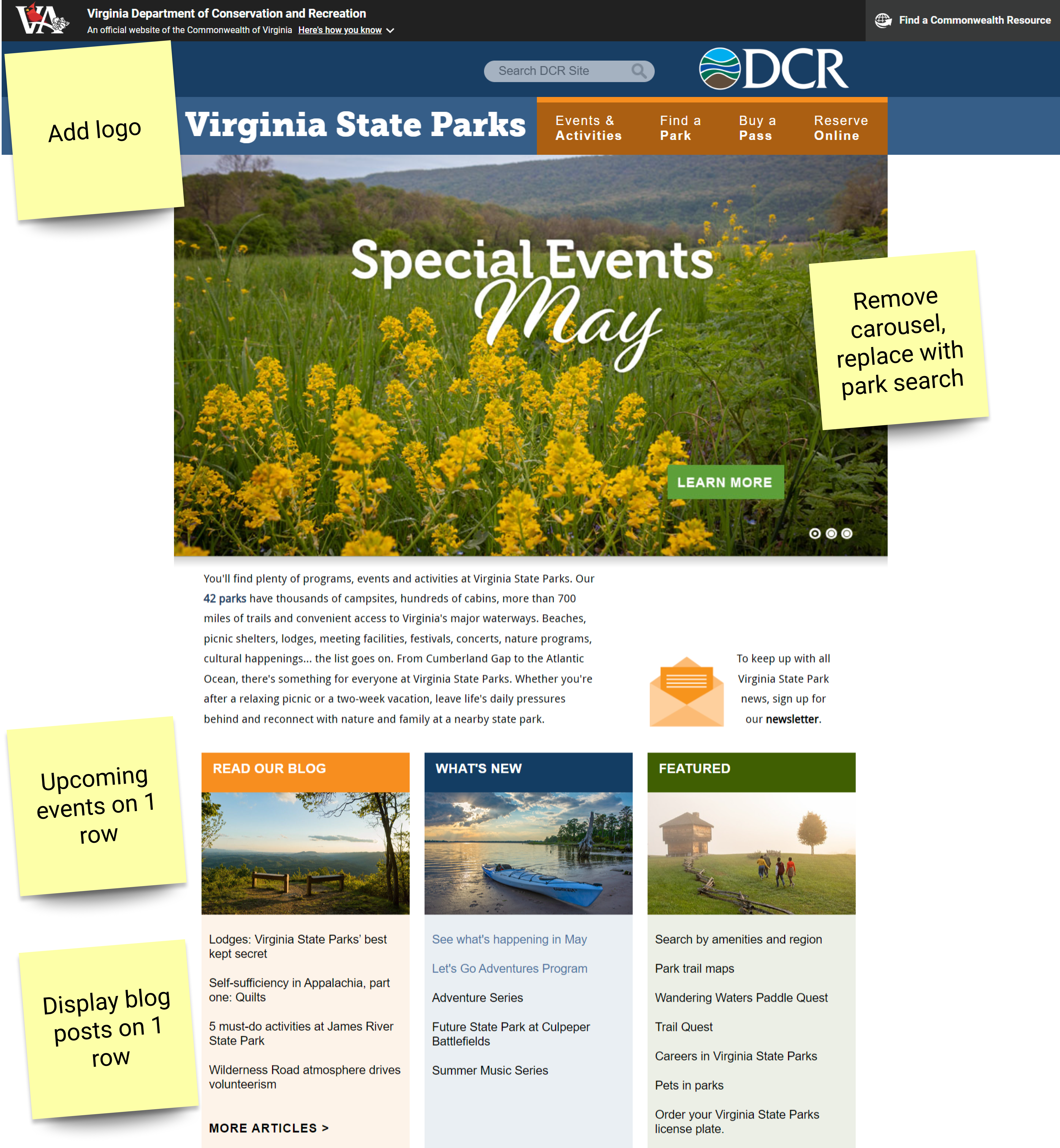 Screenshot of notes for Virginia State Parks redesign.