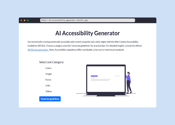 AI Accessibility Generator interface with options for WCAG guidelines.