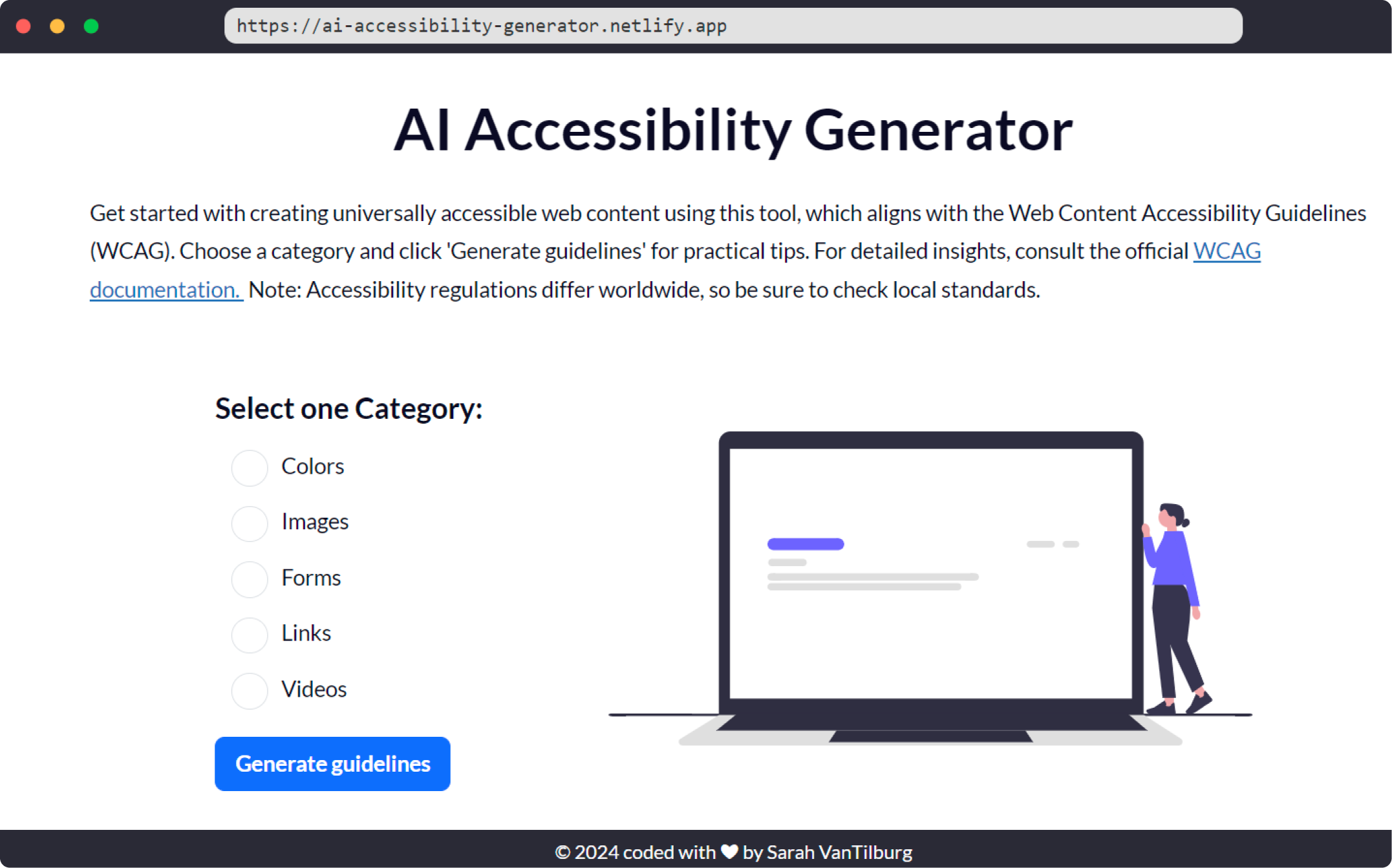 Interface of AI Accessibility Generator with category options for accessibility guidelines