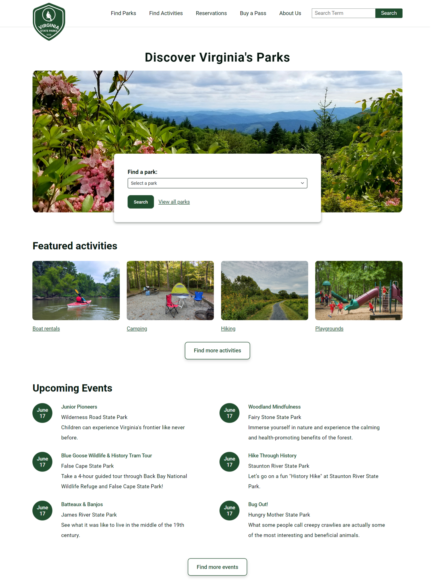 Redesigned homepage of Virginia State Parks with park search, featured activities like hiking, and upcoming events.