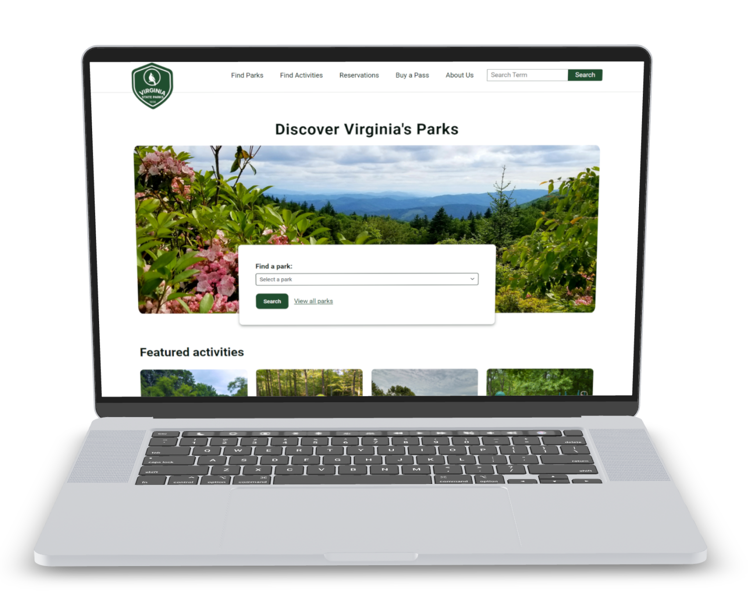 Laptop displaying redesigned Virginia State Parks homepage with park search and featured activities.