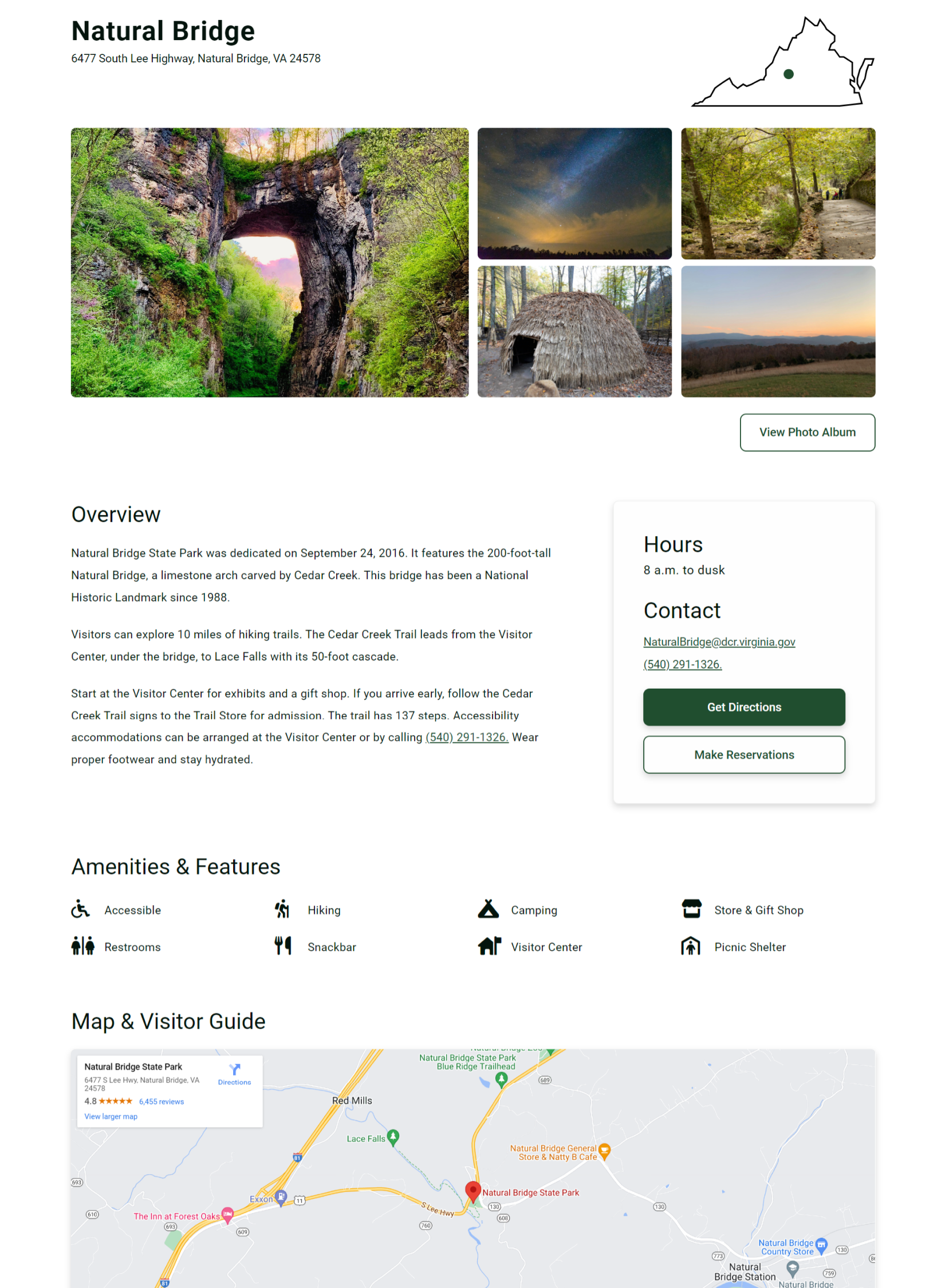 Redesigned Natural Bridge park page showing images, details, and amenities on the Virginia State Parks website.