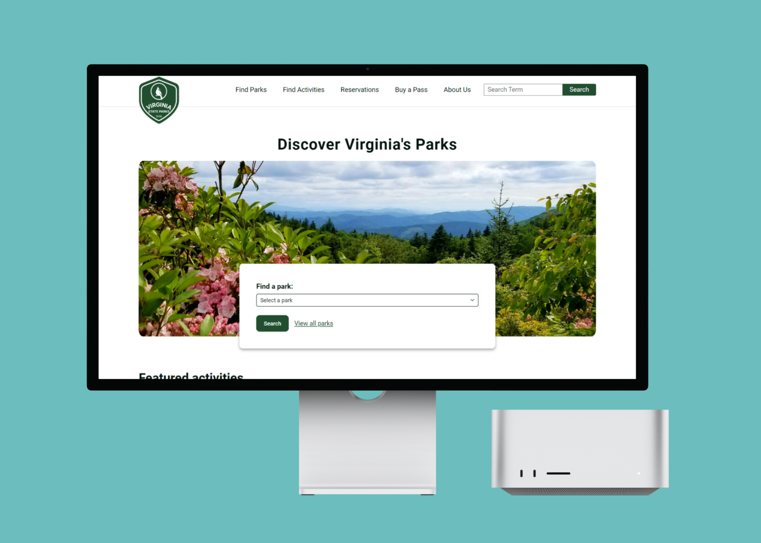 iMac displaying redesigned Virginia State Parks homepage with park search and featured activities.