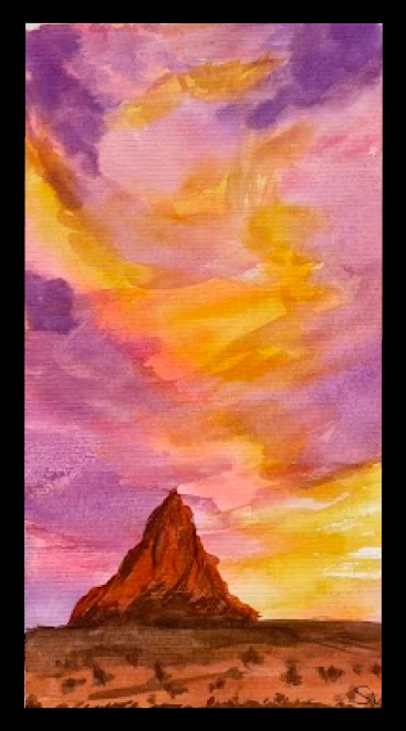 Watercolor painting by Sarah of a sunset over a desert landscape