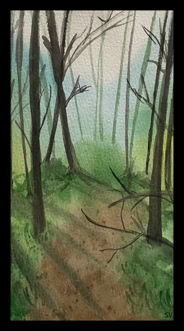 Watercolor painting by Sarah of a tranquil, misty forest